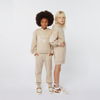Girls Beige Embroidered Logo Sweatshirt Dress