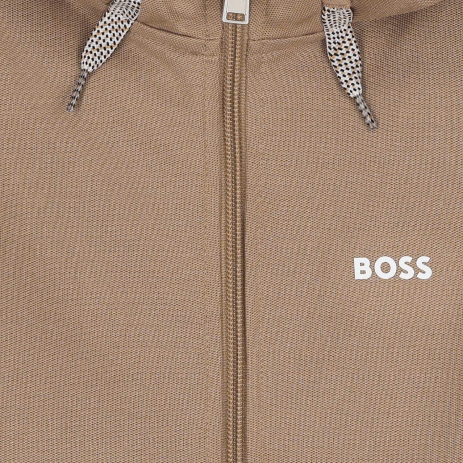 Boys Beige Logo Hooded Zip Up Top, 2, hi-res