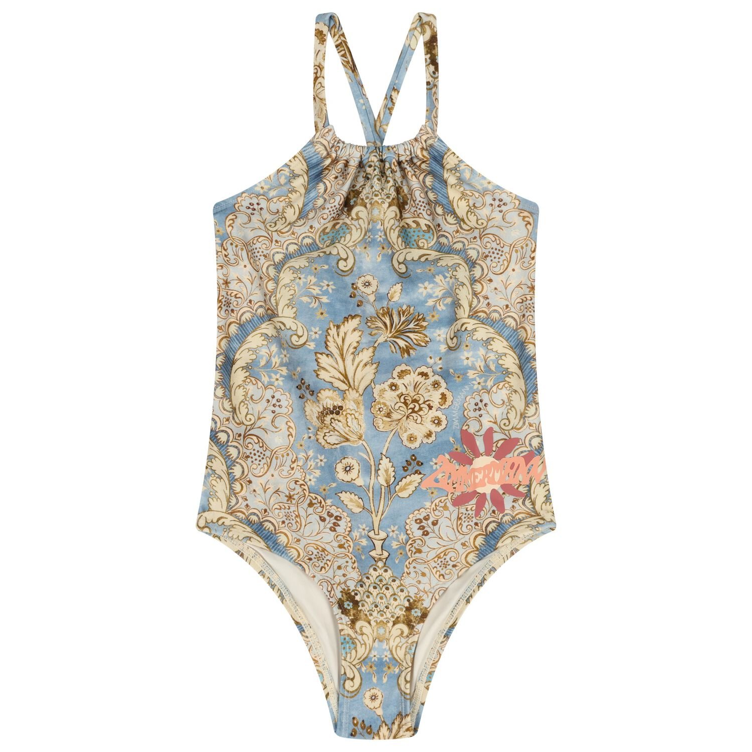 Girls Blue & Beige Floral Swimsuit, 1, hi-res
