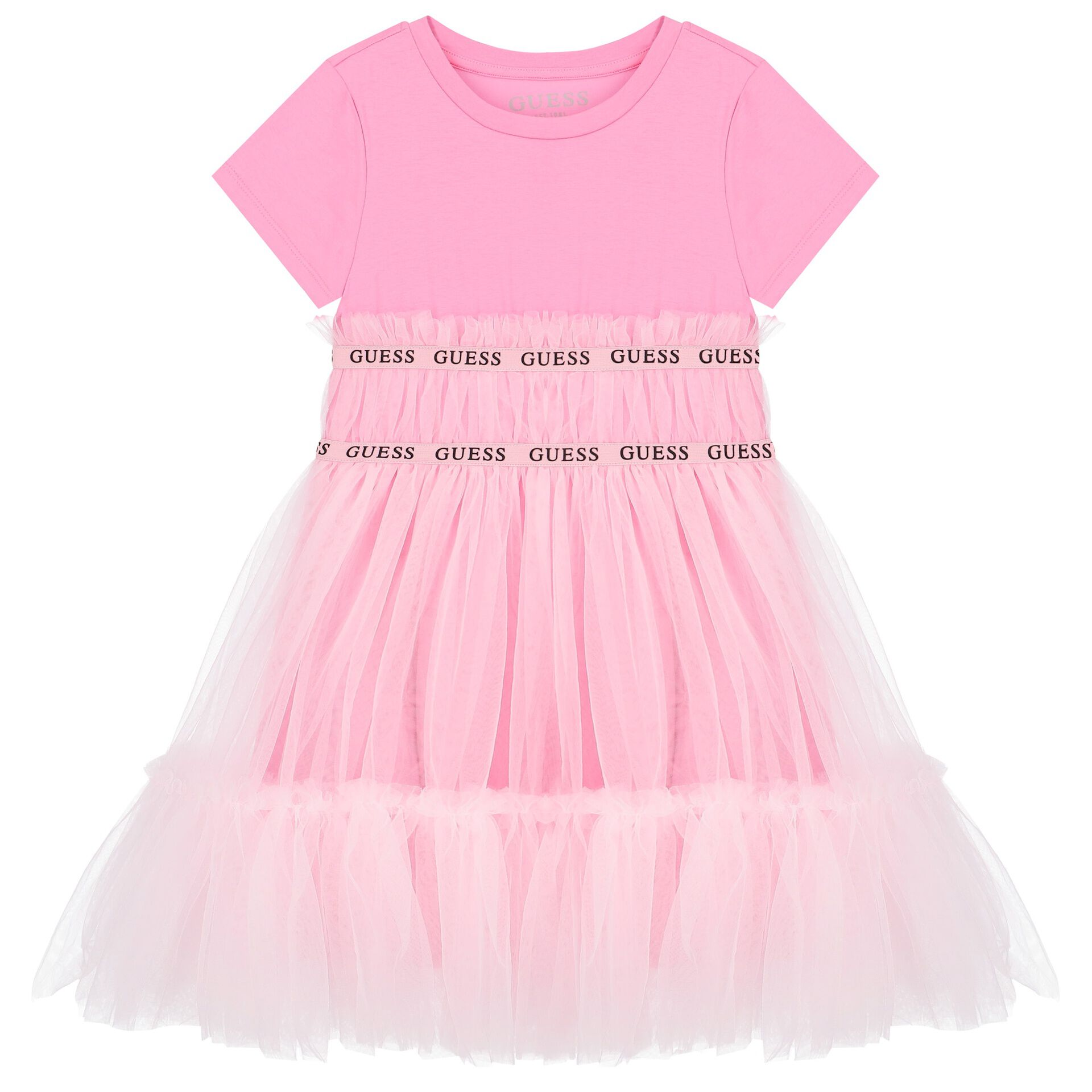 Guess Girls Pink Logo Tulle Dress Junior Couture UK