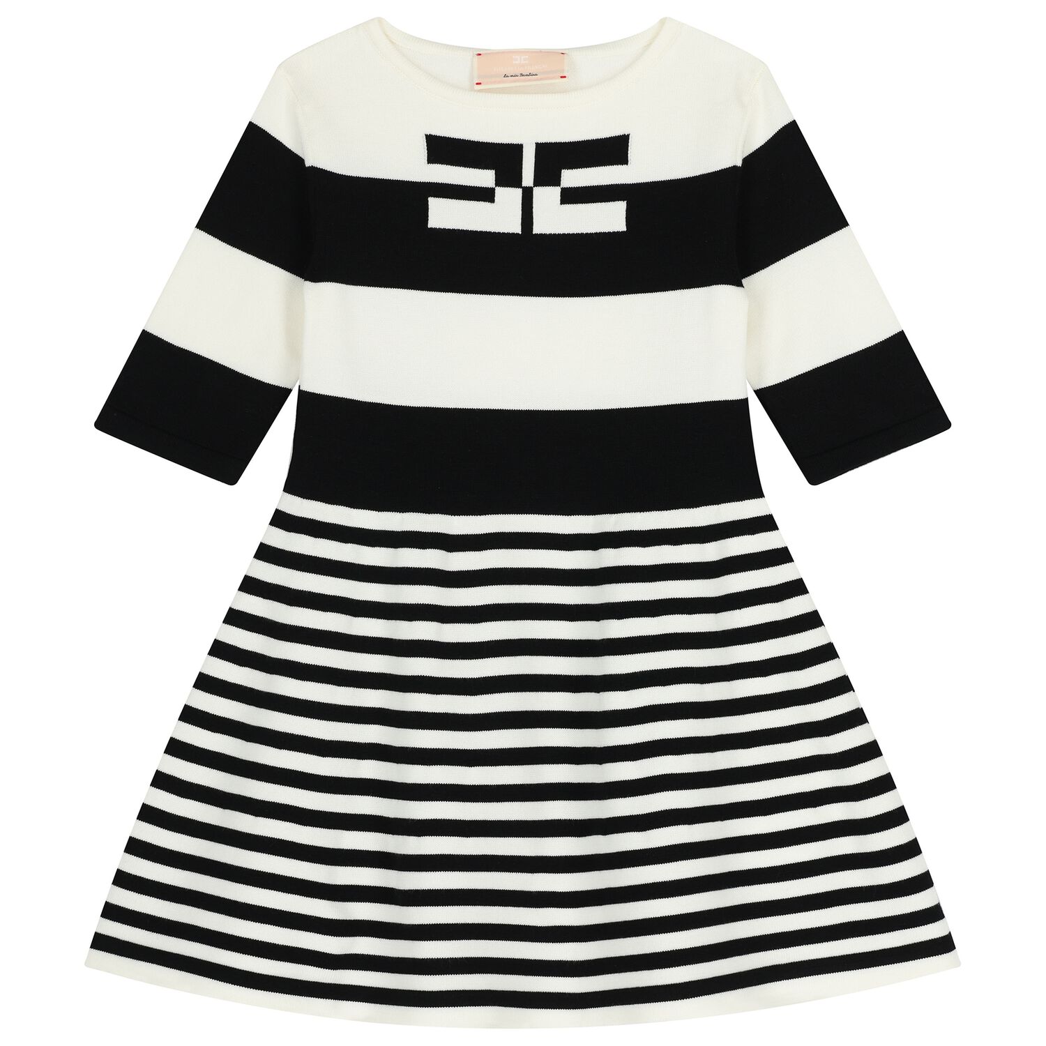 Girls White & Black Knitted Striped Dress, 1, hi-res