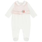Baby Girls White & Pink Broderie Anglaise Babygrow, 1, hi-res