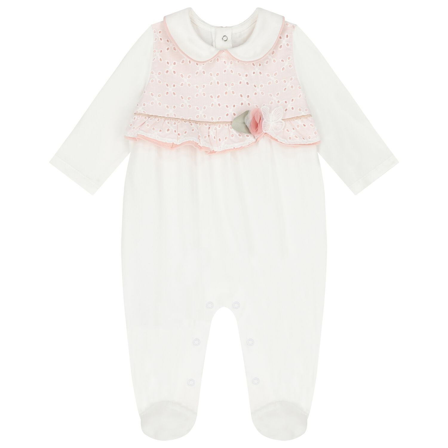 Baby Girls White & Pink Broderie Anglaise Babygrow, 1, hi-res