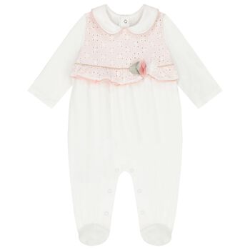 Baby Girls White & Pink Broderie Anglaise Babygrow