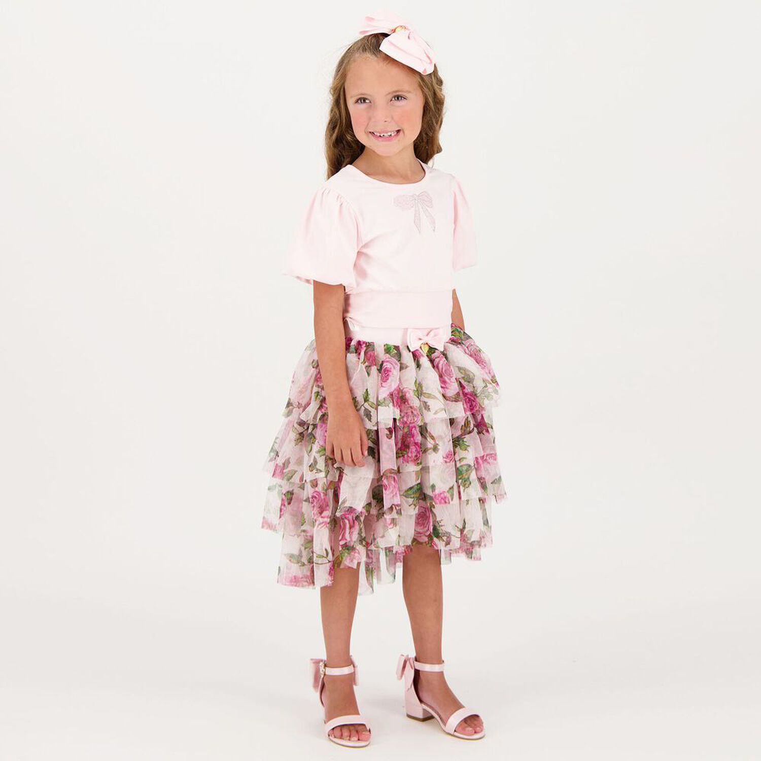Girls Pink Rose Tulle Skirt, 1, hi-res