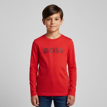 Boys Red Logo Long Sleeve Top