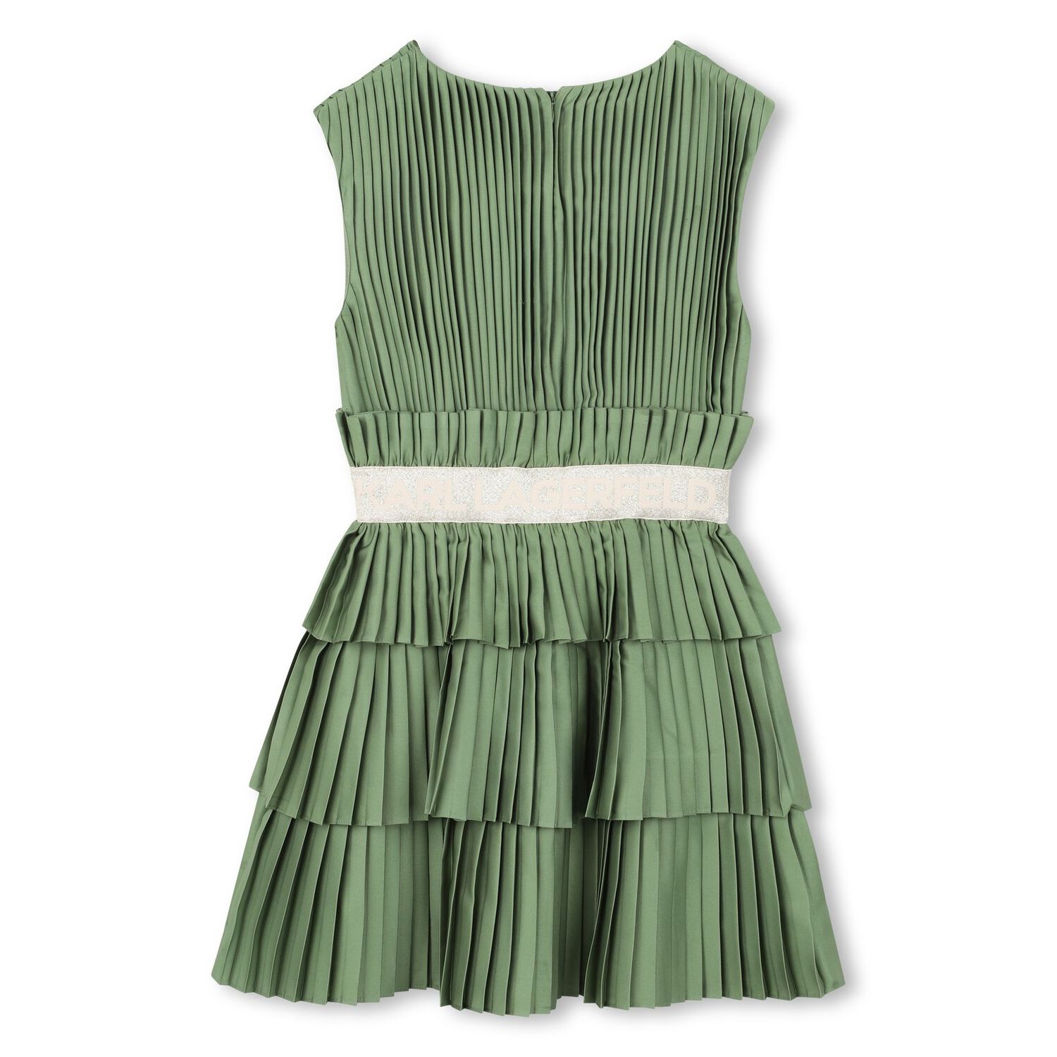 Girls Green Logo Pleated Satin Dress , 2, hi-res