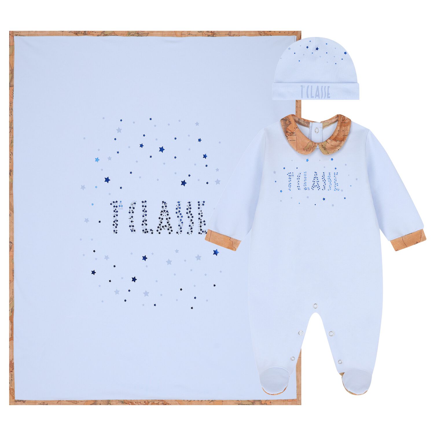 Baby Boys Blue & Beige Geo Map Babygrow Gift Set, 1, hi-res