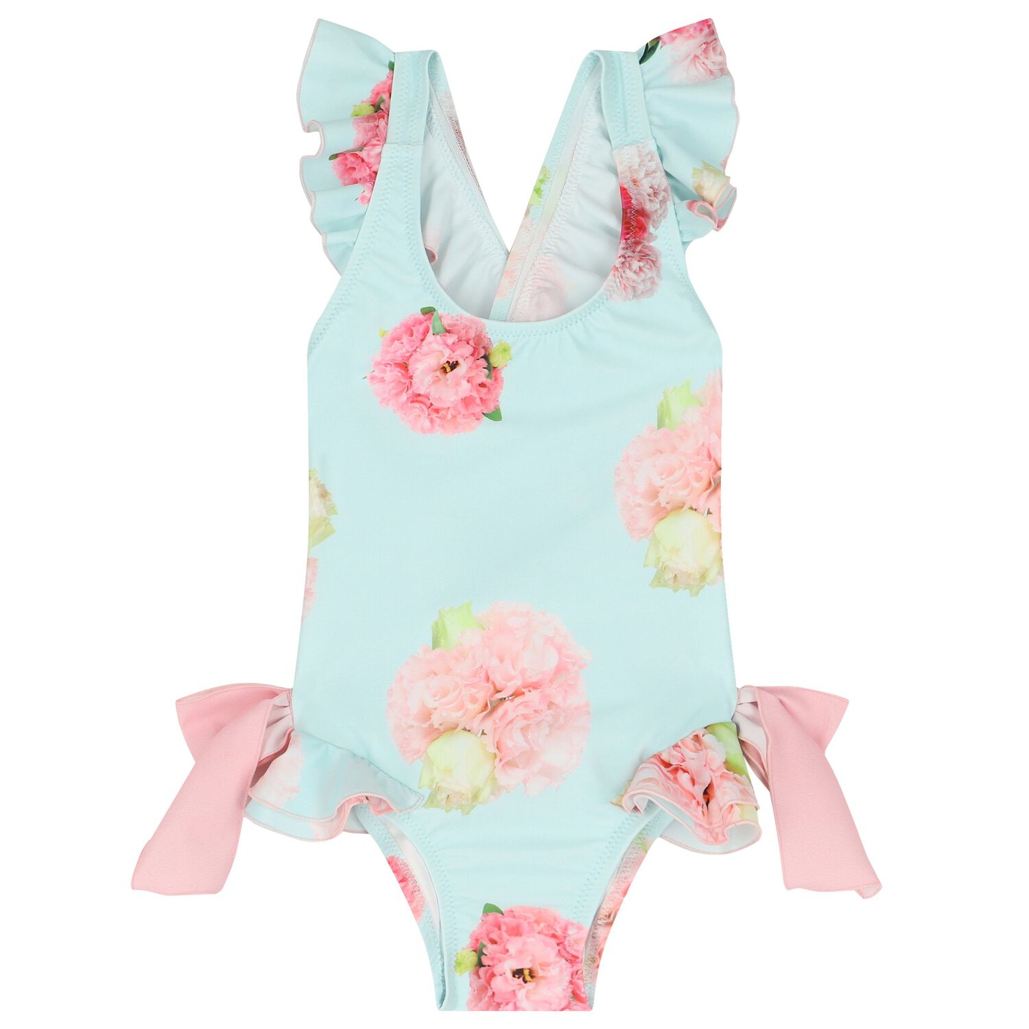 Girls Blue Floral Ruffled Swimsuit, 1, hi-res