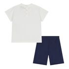 Baby Boys White & Navy Blue Logo Shorts Set, 1, hi-res