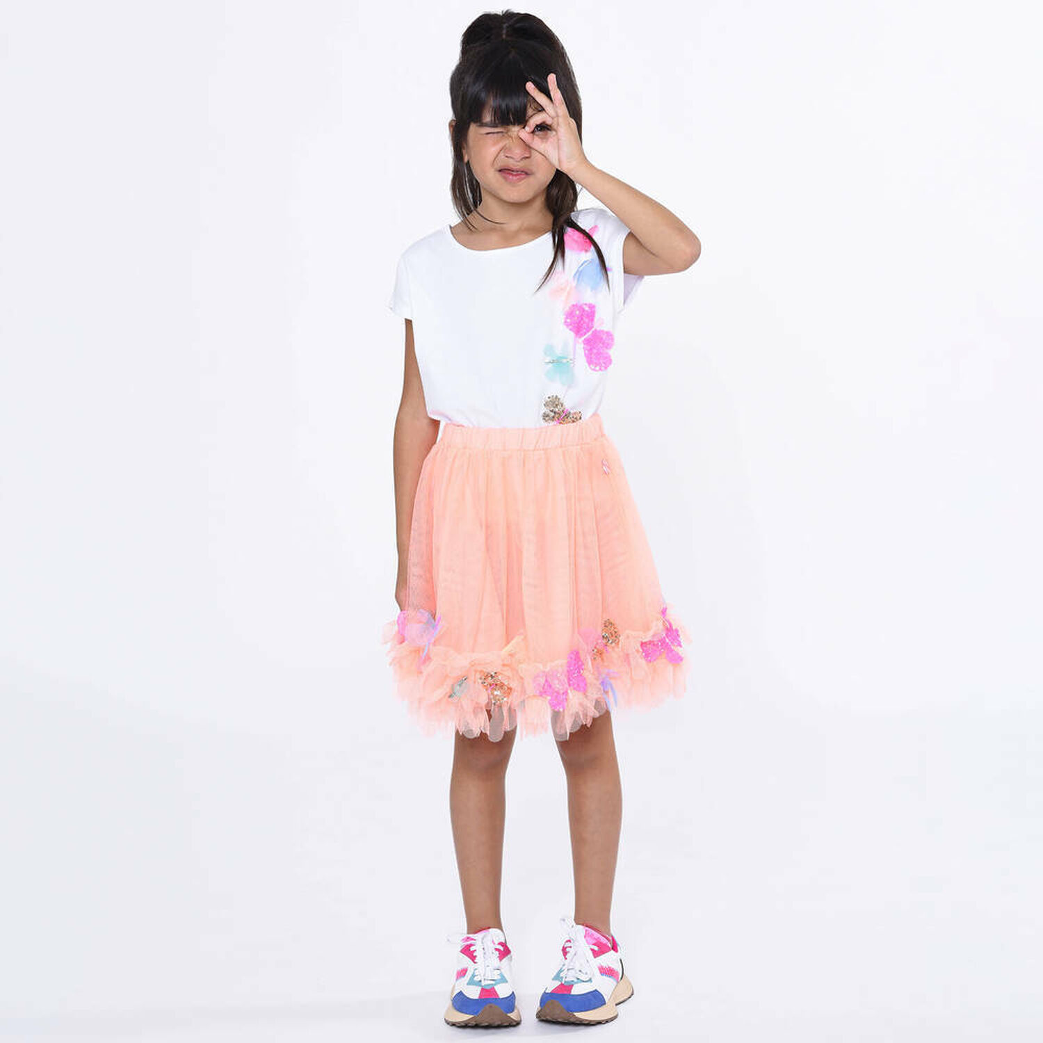 Girls Orange Butterfly Tulle Skirt, 1, hi-res