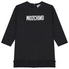 Girls Black Logo Ruffled Dress, 1, hi-res