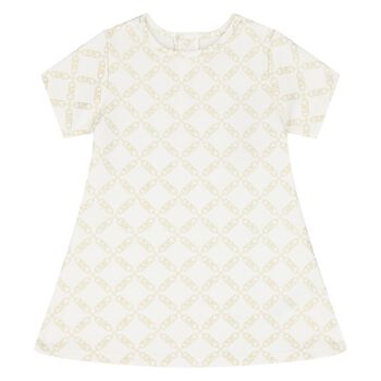 Younger Girls Ivory & Gold Logo Dress
