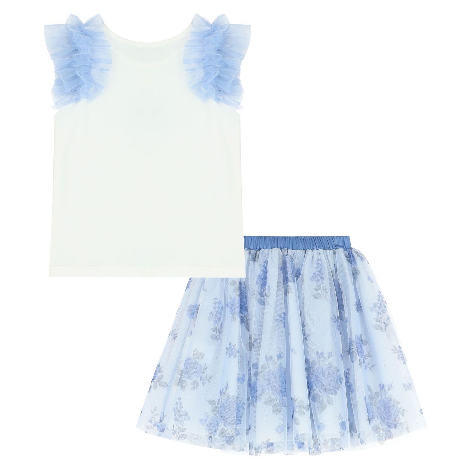 Girls White & Blue Floral Skirt Set, 1, hi-res image number null
