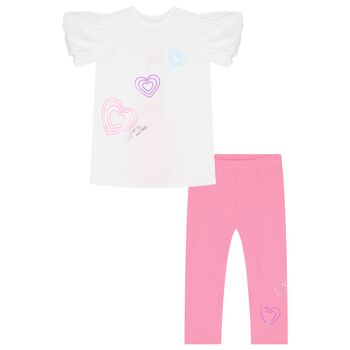 Girls White & Pink Cotton Leggings Set