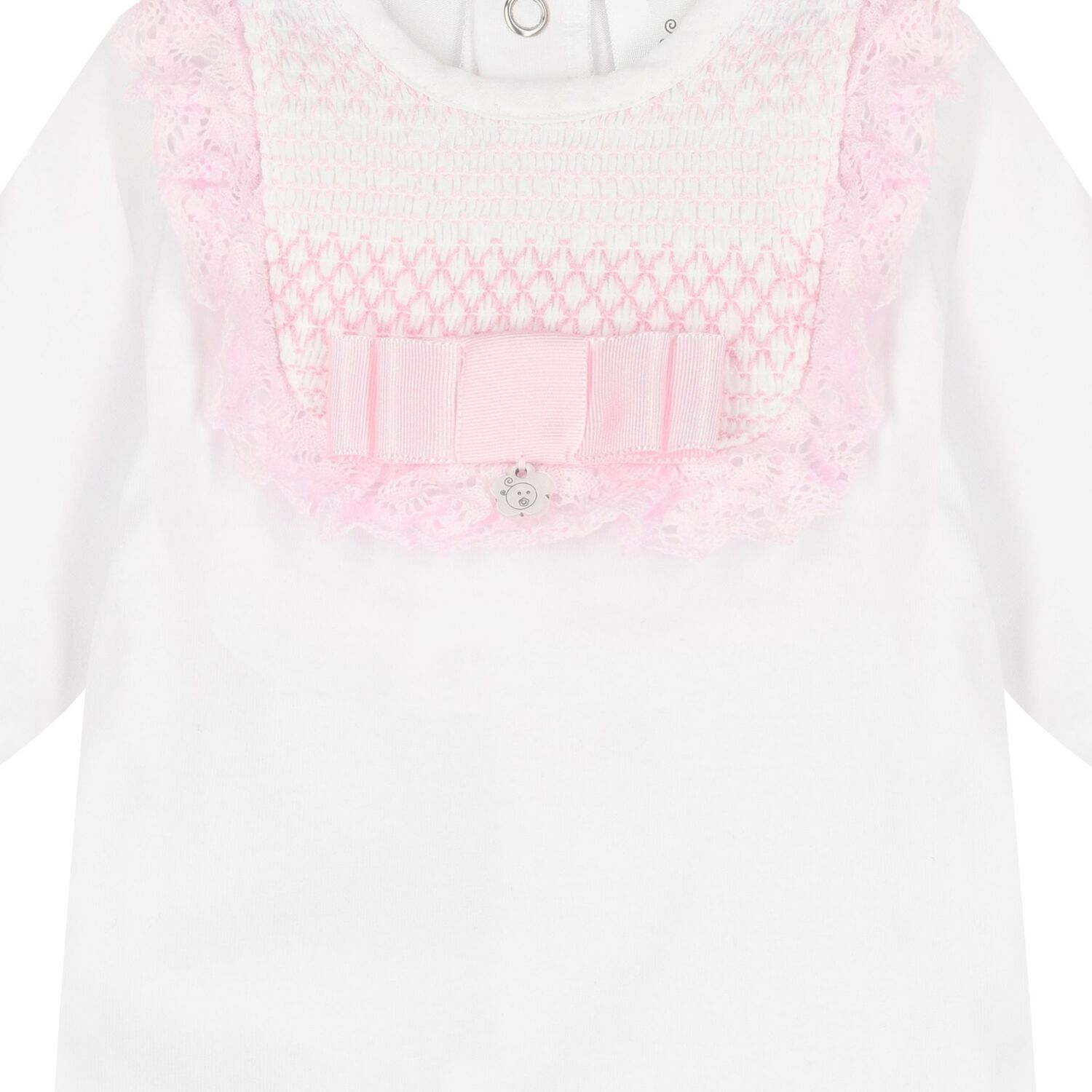 Baby Girls White & Pink Lace Babygrow, 1, hi-res