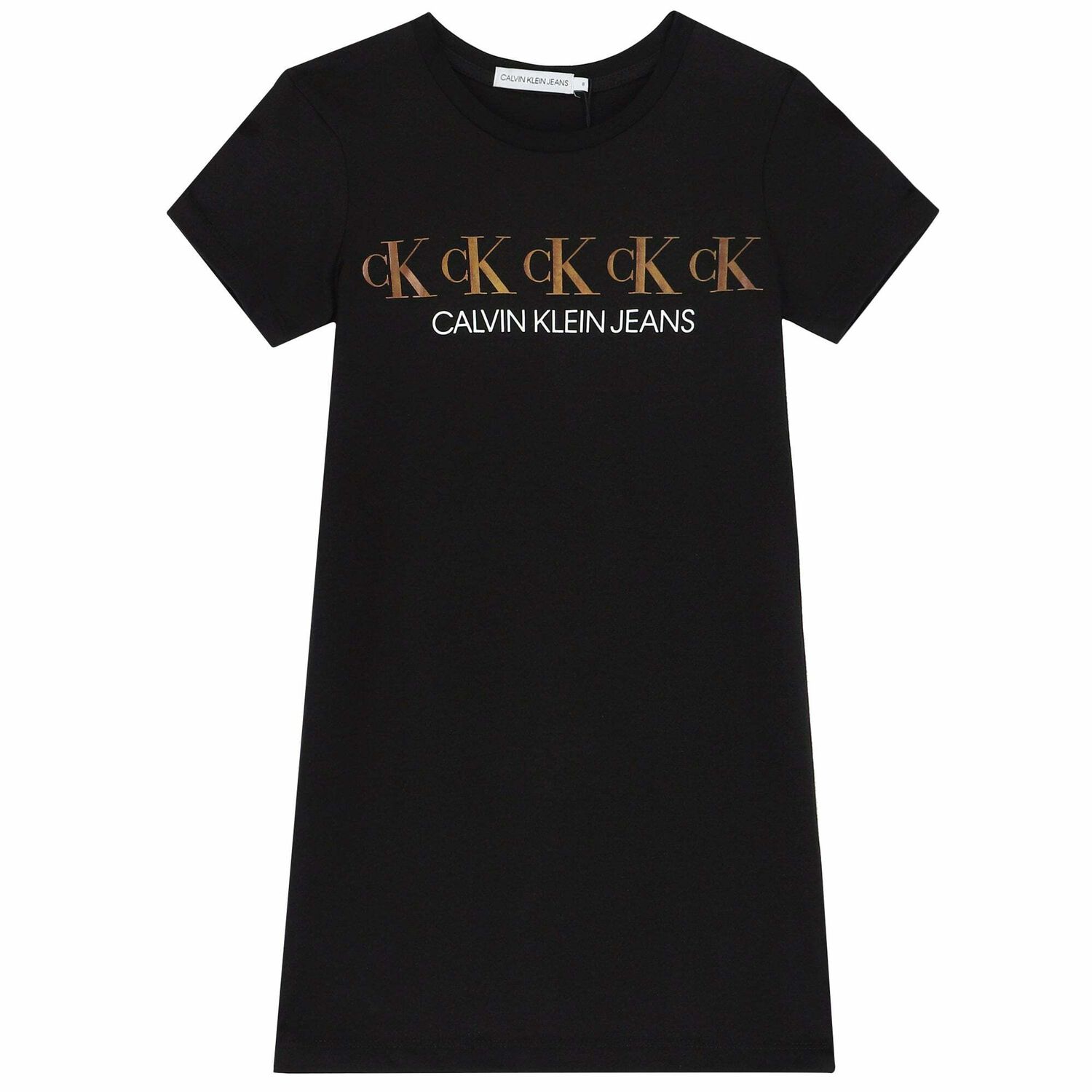 Girls Black & Gold Logo Dress, 1, hi-res
