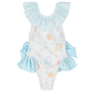 Girls White & Blue Seashells Swimsuit