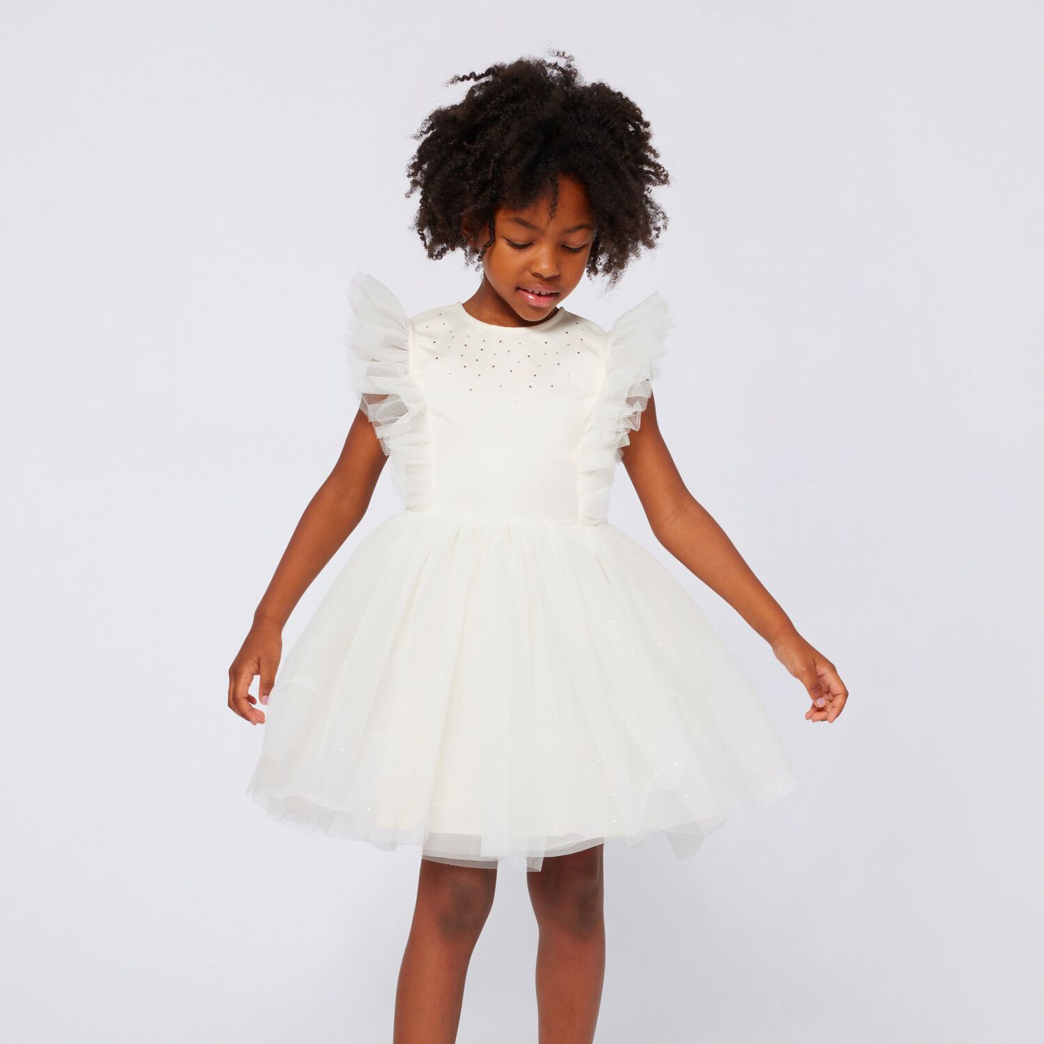 Girls Ivory Satin & Tulle Dress, 2, hi-res