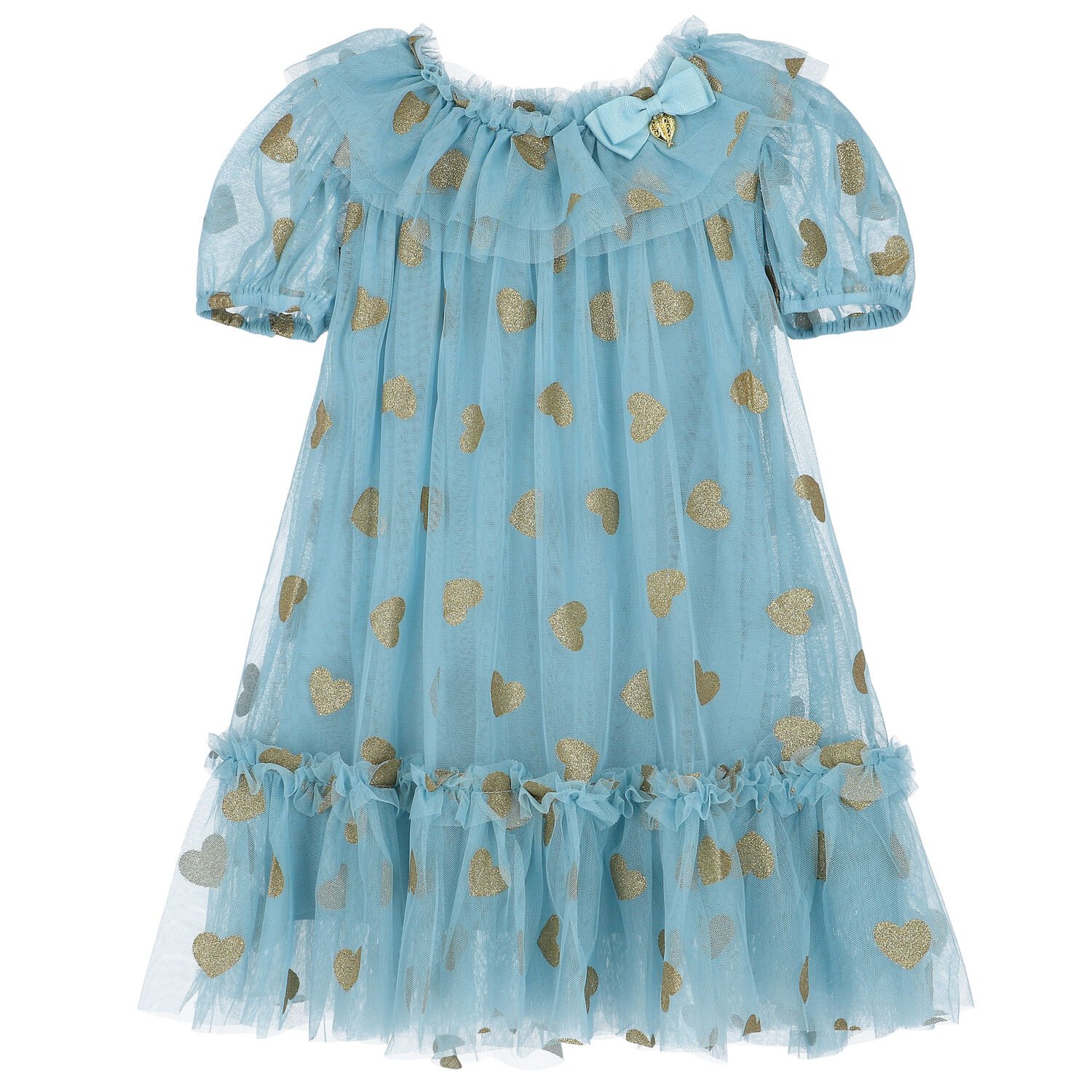 Girls Blue & Gold Hearts Dress, 1, hi-res