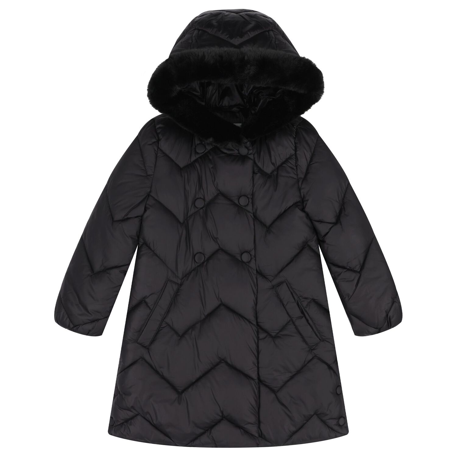 Girls Black Zig Zag Quilted Puffer Coat, 1, hi-res