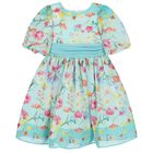 Girls Aqua Floral Chiffon Dress, 1, hi-res