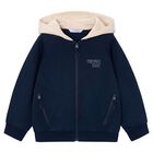 Boys Navy Blue & Beige Hooded Zip Up Top, 1, hi-res