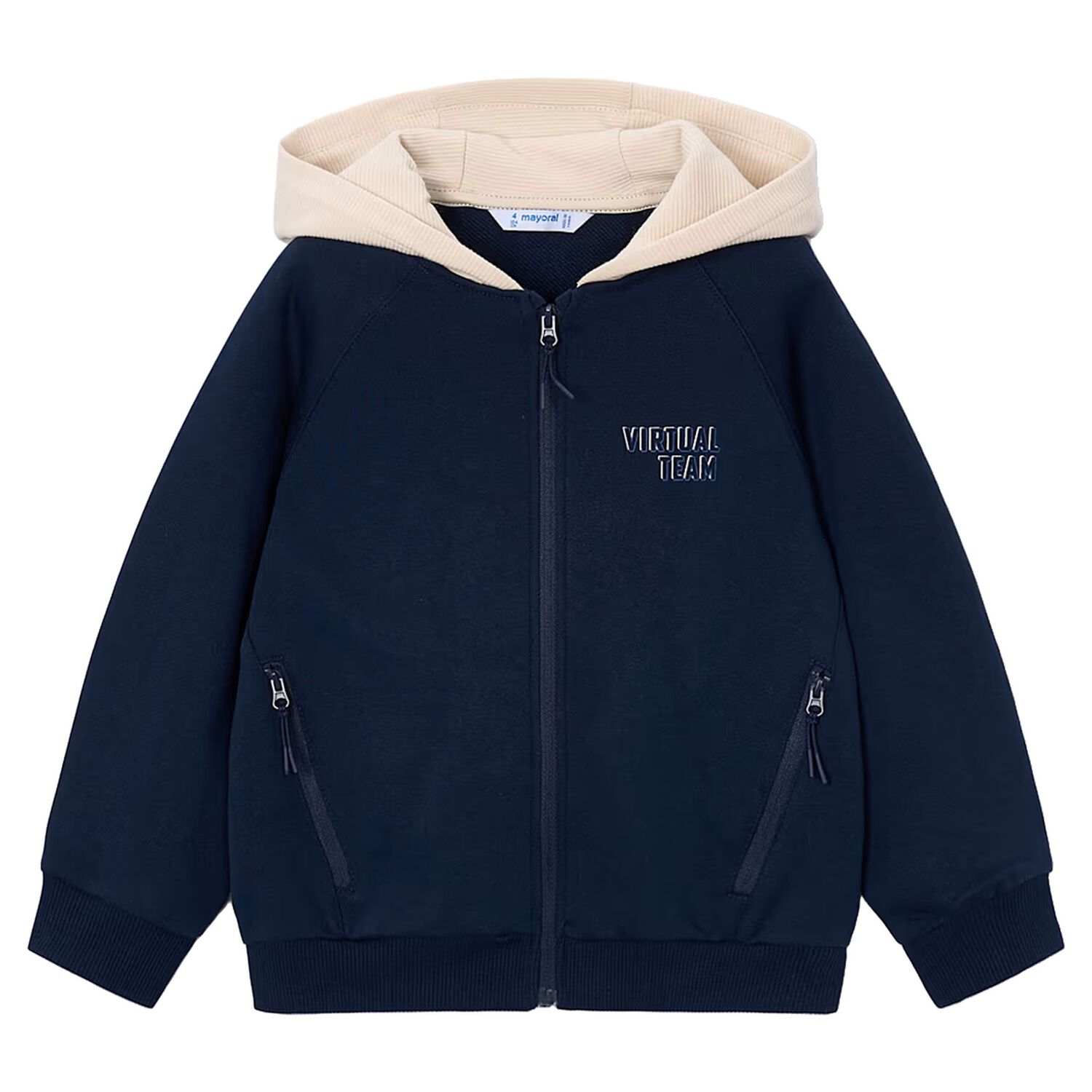 Boys Navy Blue & Beige Hooded Zip Up Top, 1, hi-res