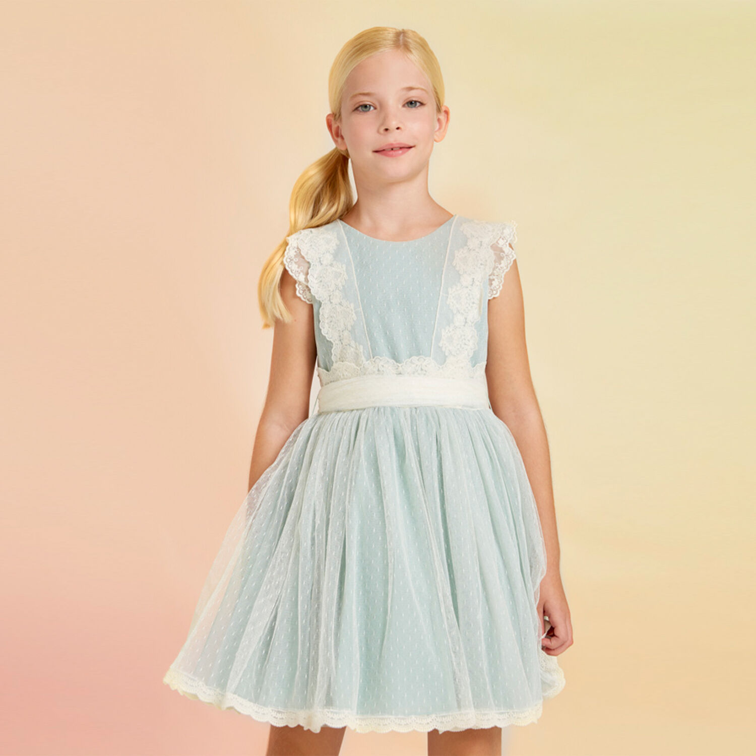 Girls Aqua Embroidered Tulle Dress, 1, hi-res image number null