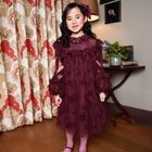 Girls Burgundy Floral Ruffled Tulle Dress, 1, hi-res