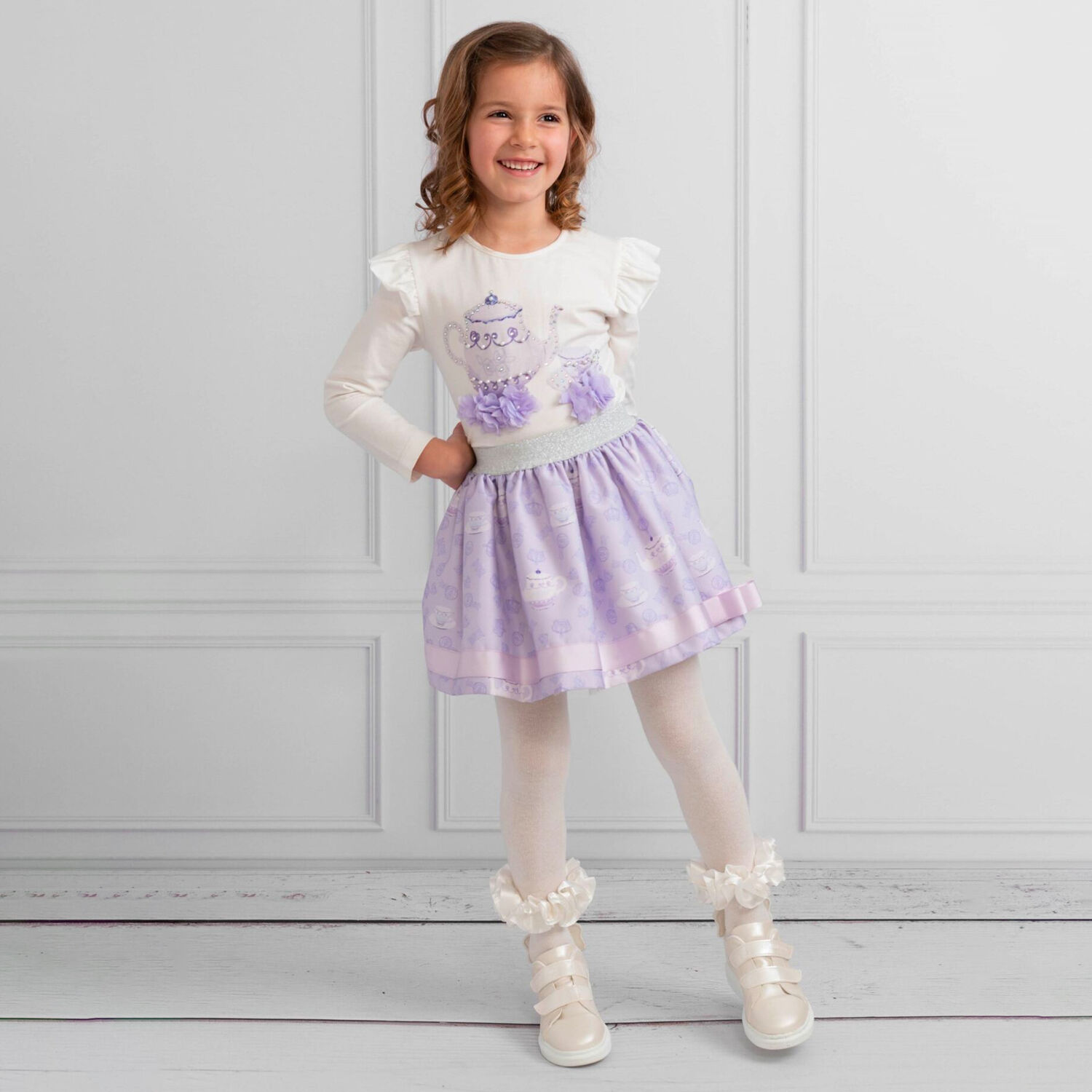 Girls Ivory & Purple Embellished Skirt Set, 3, hi-res