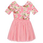 Girls Pink Floral Tulle Dress, 2, hi-res