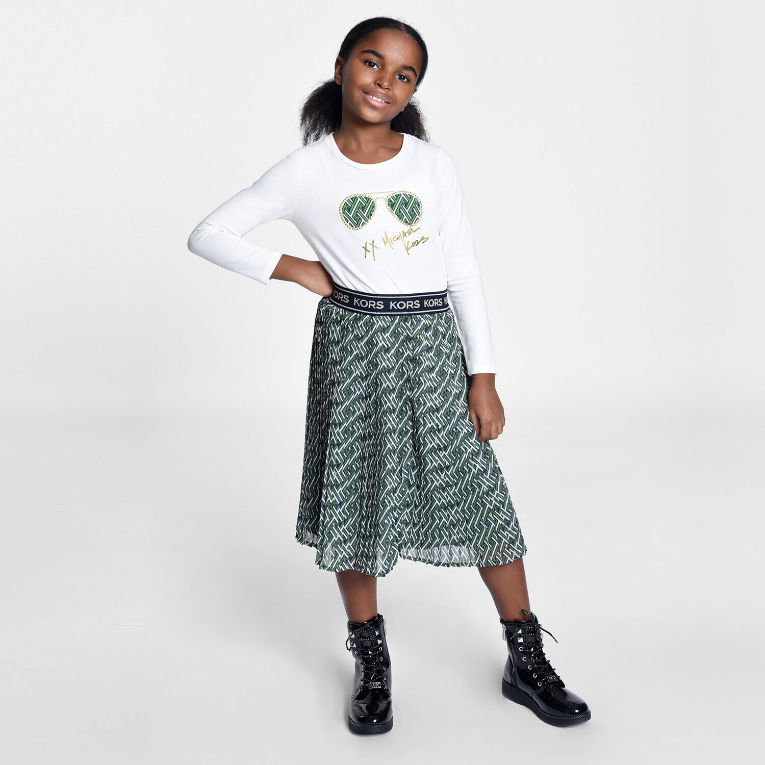 Girls Green Logo Pleated Skirt, 1, hi-res