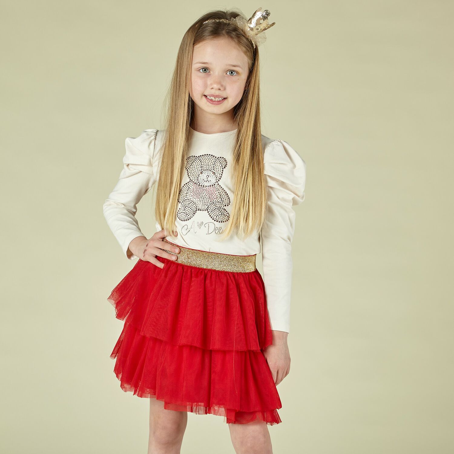 Girls Ivory & Red Teddy Skirt Set, 1, hi-res