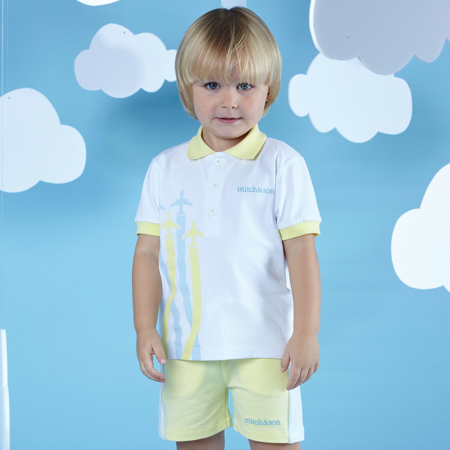 Boys White & Yellow Polo Short Set, 1, hi-res