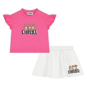 Younger Girls Pink & White Teddy Bear Logo Skirt Set