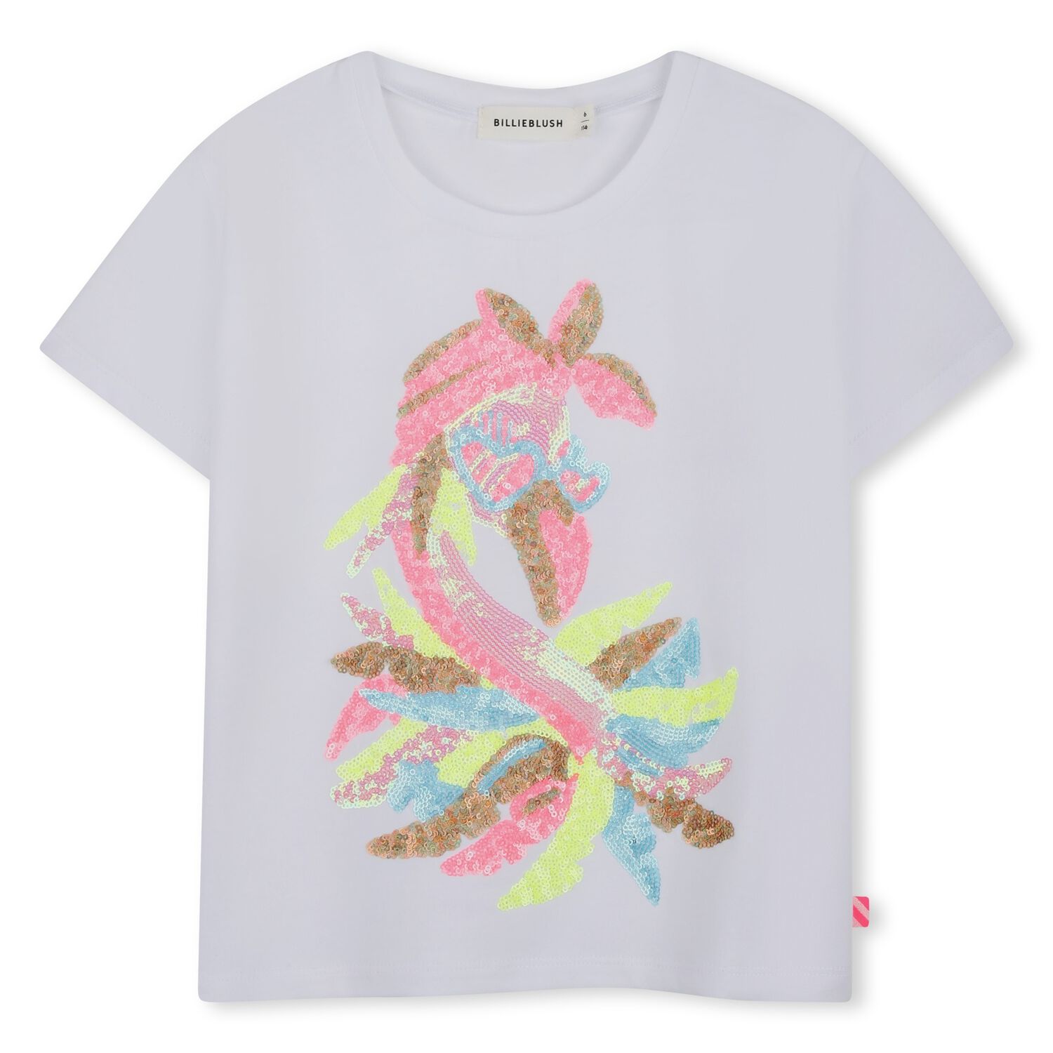 Girls White Sequin Flamingo T-Shirt , 1, hi-res