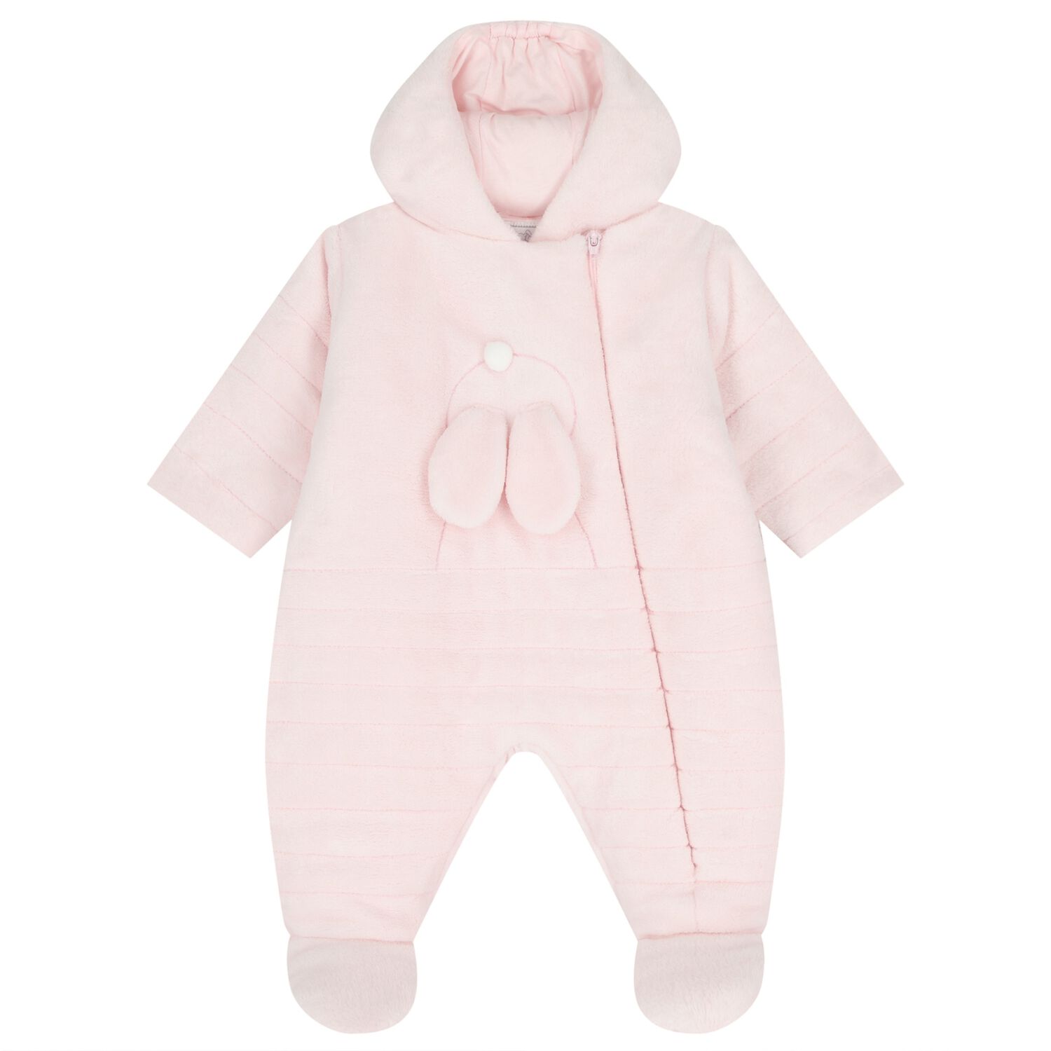 Baby Girls Pink Bunny Fleece Hooded Pramsuit, 1, hi-res image number null