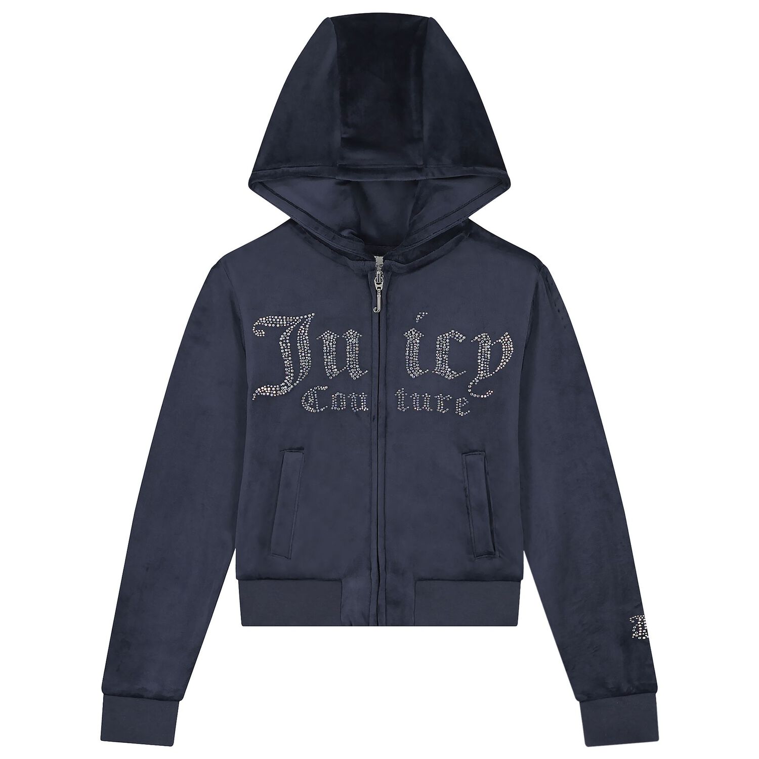 Girls Navy Blue Crystal Embellished Diamant&eacute; Logo Hooded Zip Up Top, 1, hi-res