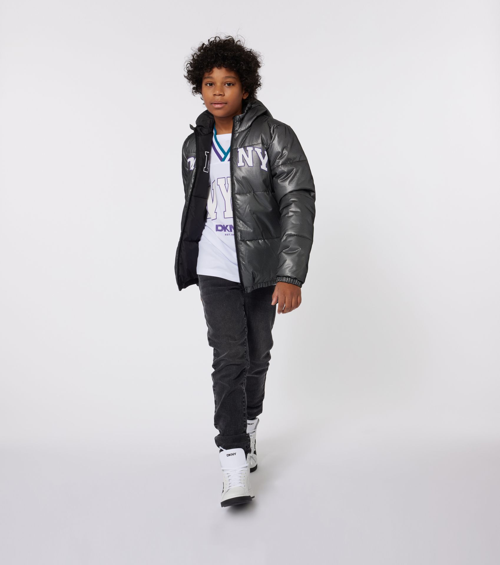 Dkny logo puffer jacket best sale