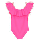 Girls Pink Ruffle Pom-Pom Swimsuit, 1, hi-res