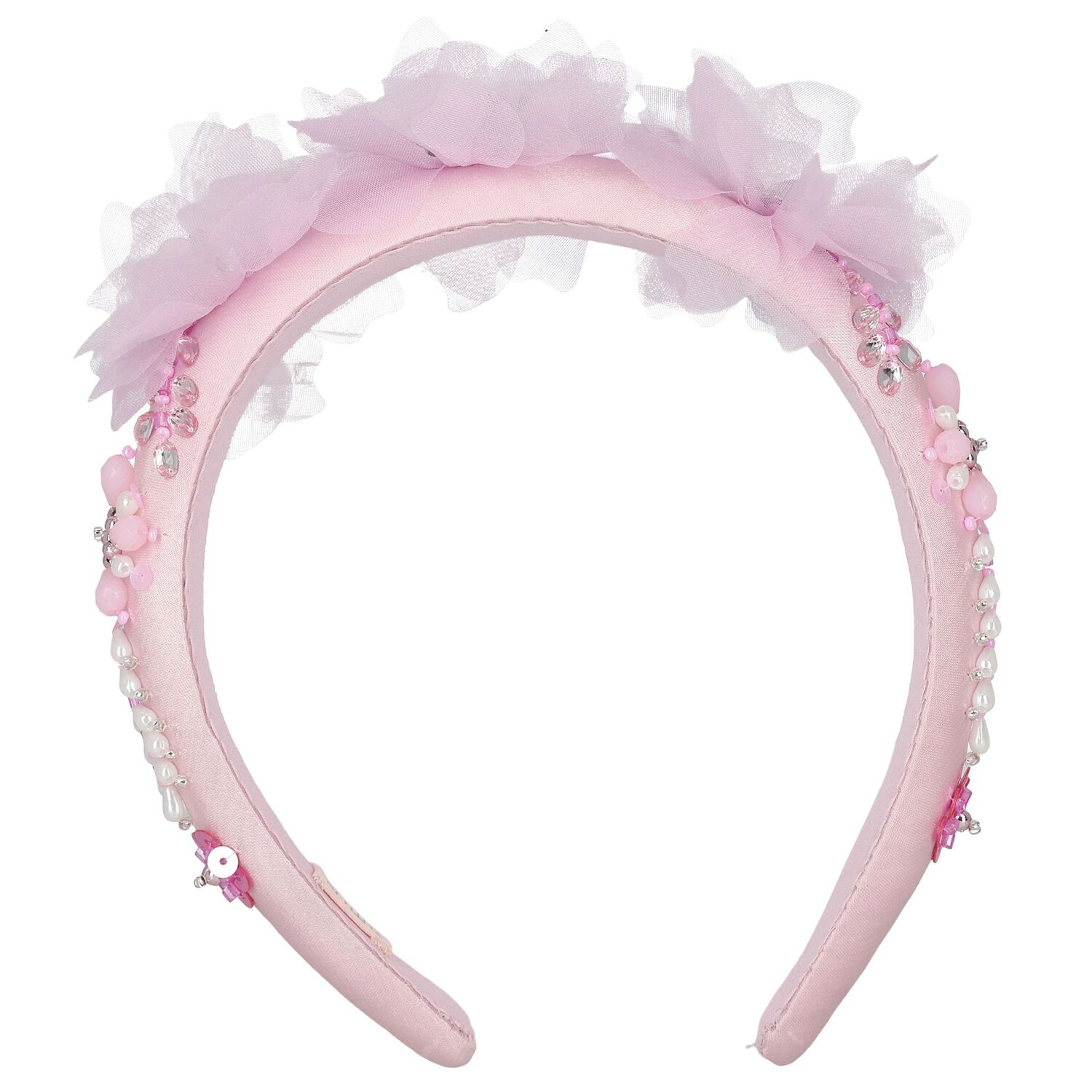 Girls Pink Embellished Satin Headband, 1, hi-res