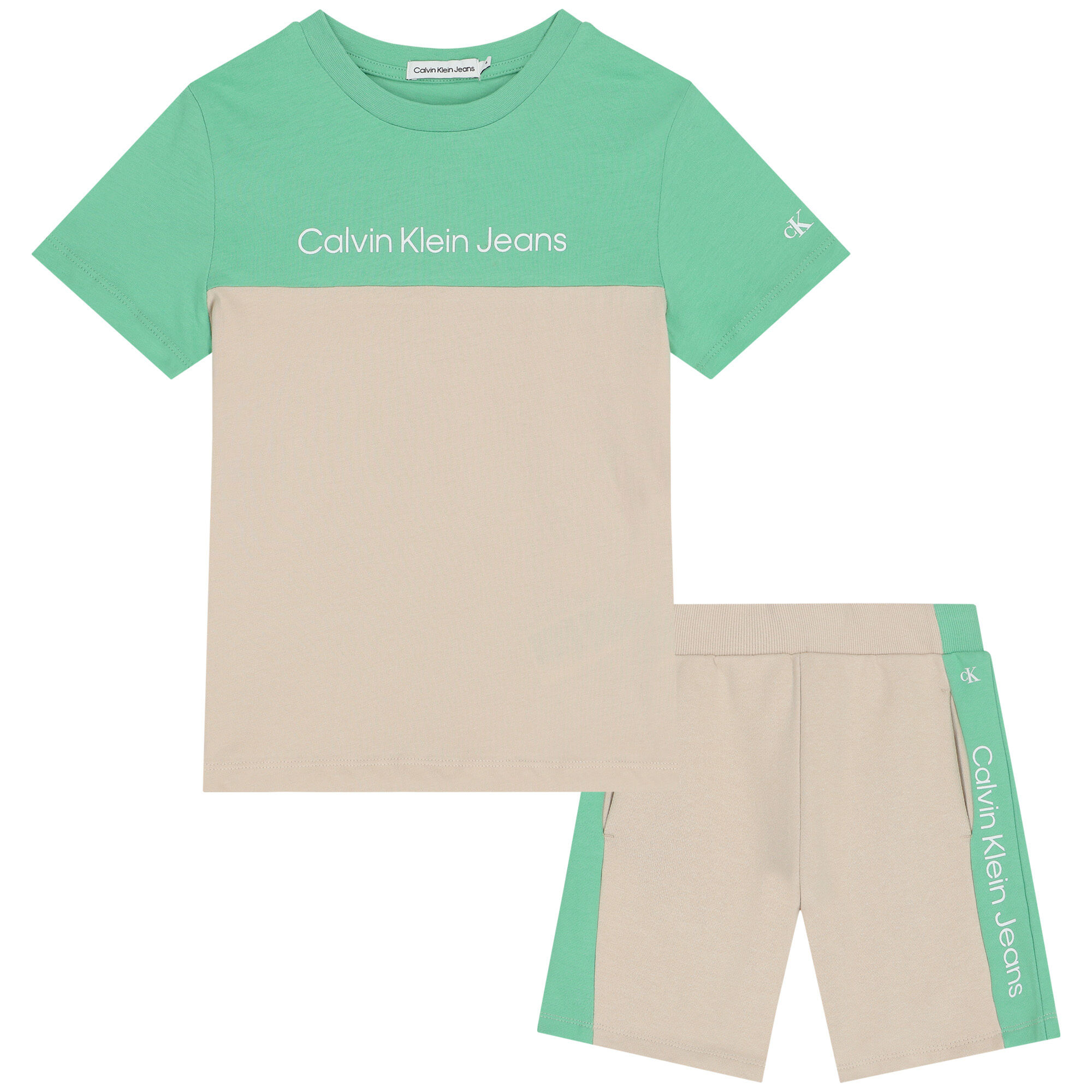 Calvin Klein Boys Beige Green Logo Shorts Set Junior Couture UK