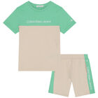 Boys Beige & Green Logo Shorts Set, 2, hi-res