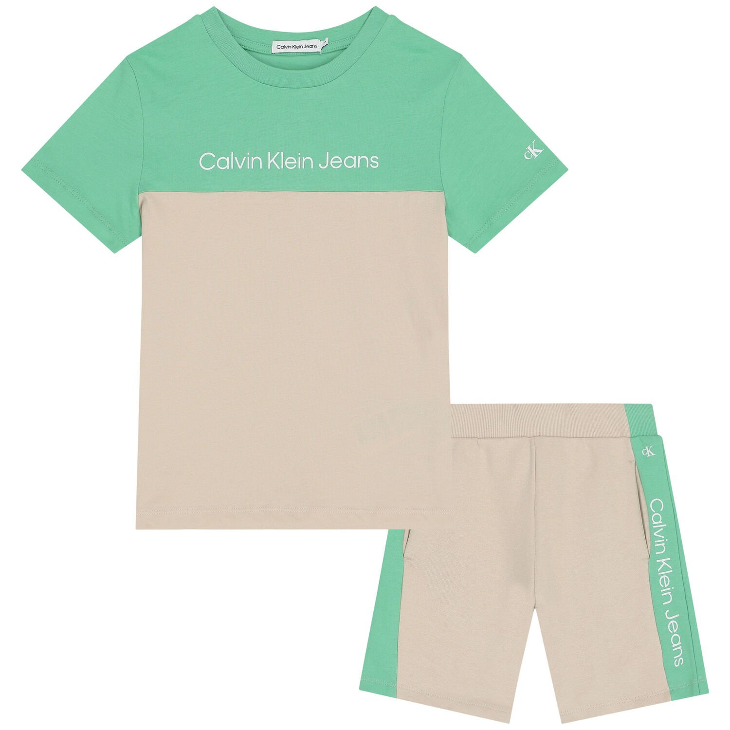 Boys Beige & Green Logo Shorts Set, 2, hi-res