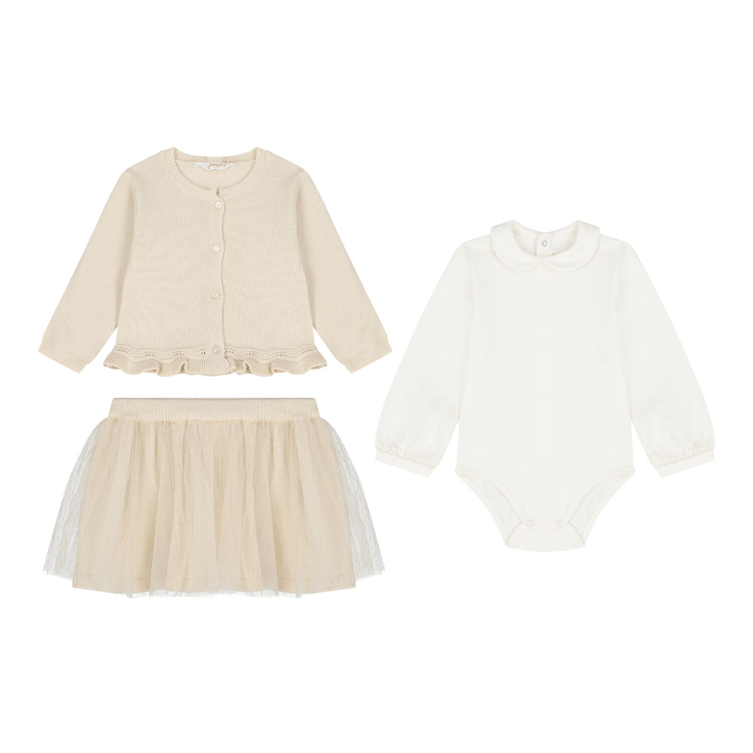 Baby Girls Beige & Ivory Tulle Skirt Set, 2, hi-res