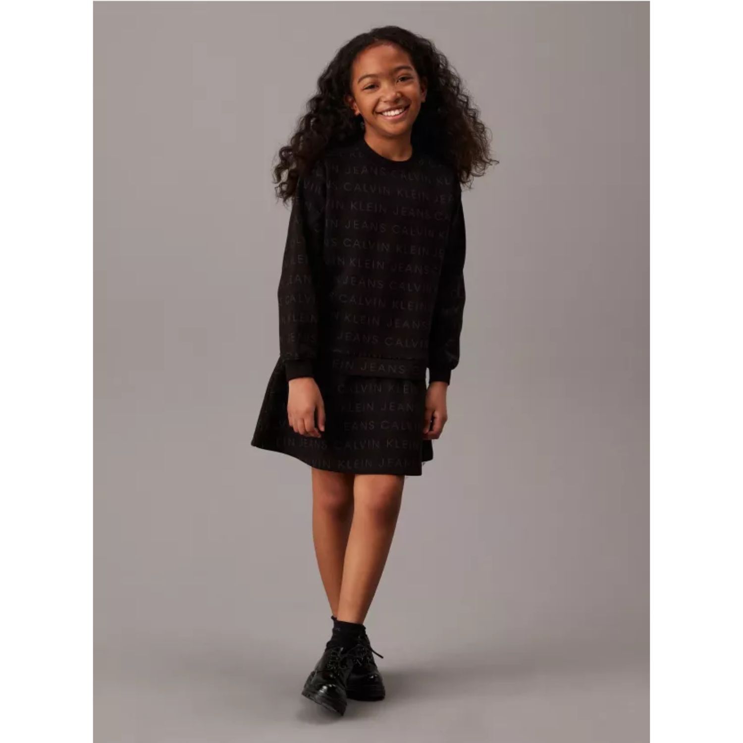 Girls Black Logo Dress, 1, hi-res