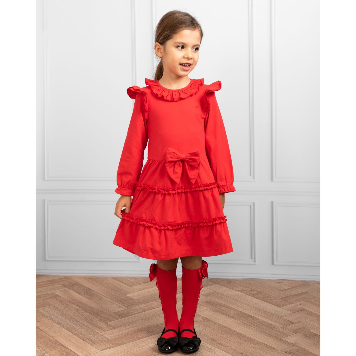 Girls Red Bow Ruffled Dress, 1, hi-res image number null