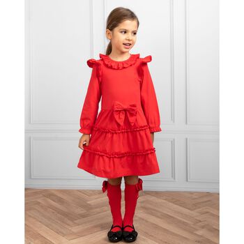 Girls Red Bow Ruffled Dress