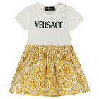 Younger Girls Ivory & Gold Barocco Logo Dress, 1, hi-res